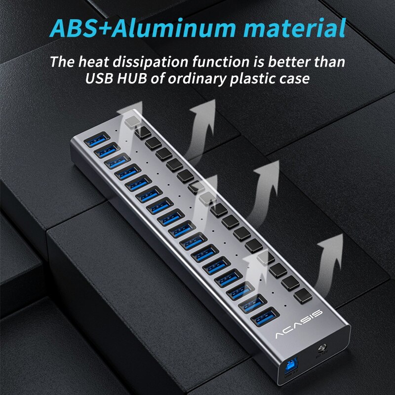 Acasis Multi-Ports Powered USB 3.0 HUB USB Extension with On/Off Switches 15V Adapter Support Splitter Computer Accessories
