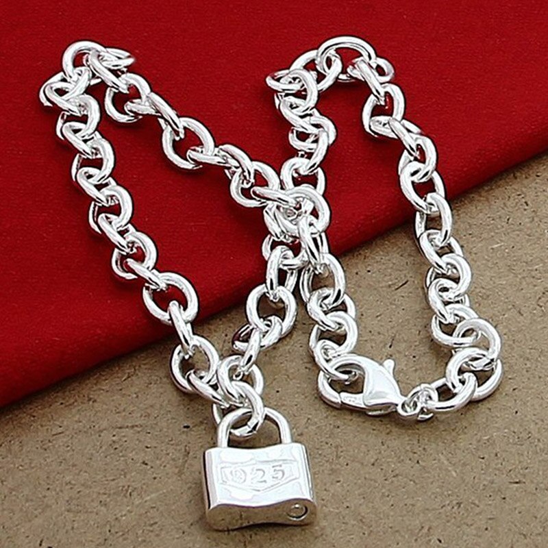 925 Silver Square Lock Pendant Necklaces Chain Women Men Charms Choker Necklace Jewelry