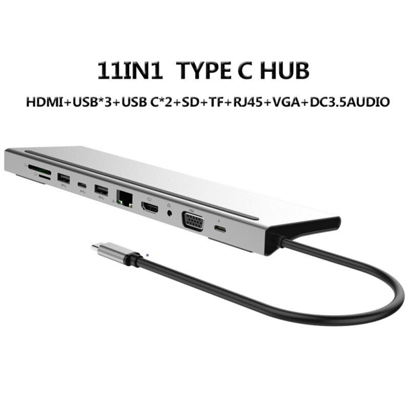 Dock adaptateur Hub 11 en 1 USB 3.0, lecteur de carte 4K HDMI RJ45 VGA SD TF USB-C 3.0, Jack 3.5mm, Audio et vidéo pour MacBook Pr