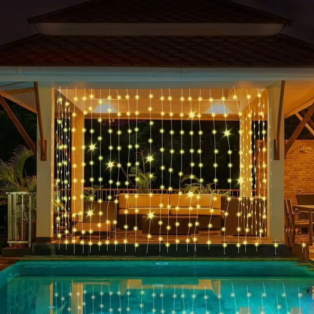 3x3M 300Leds Solar Curtain String Lights Outdoor Waterproof Garden Decoration Fairy Garland 8 Lighting Modes Wedding Lighting