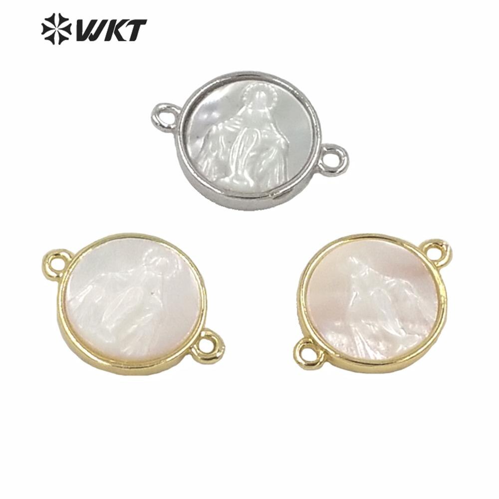 MP170 Religieuze Gold Metal Bezel Hanger Wit Shell Tiny Charm Jezus Connector Hanger Dubbele Haken Vrouwen Sieraden Shell
