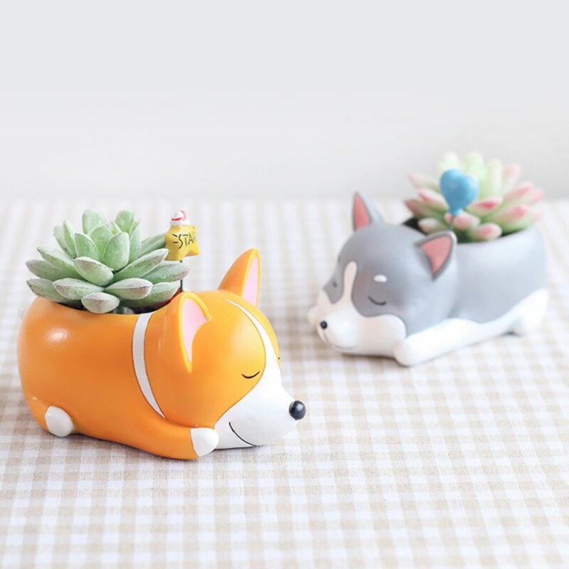 Cartoon Dogs Flower Vase Puppy Resin Planter for Succulents Cute Corgi Flower Pot Desktop Garden Bonsai
