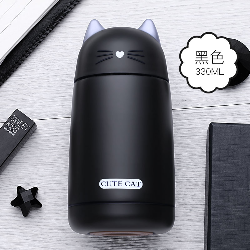 JOUDOO 330ml Thermos Cup Cartoon Cat Thermo Mug Drinkware Water Bottle Stainless Steel Vacuum Flask Leak-proof Tumbler 35: Black