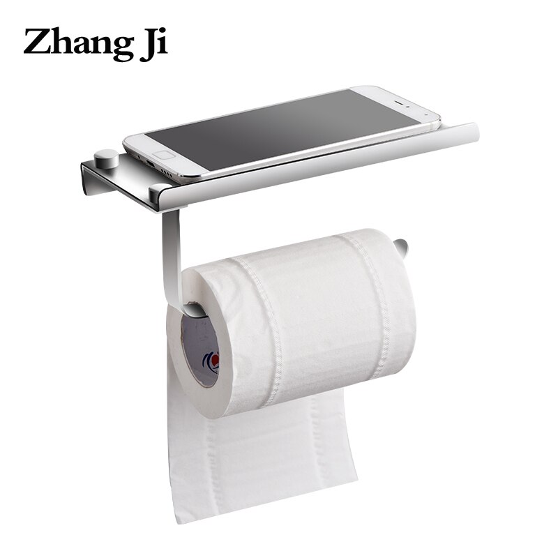 ZhangJi Wall Mount Metal Toilet Paper Holder with Phone Shelf Bathroom Stainless Steel Roll Paper Holder Mobile Phone Rack