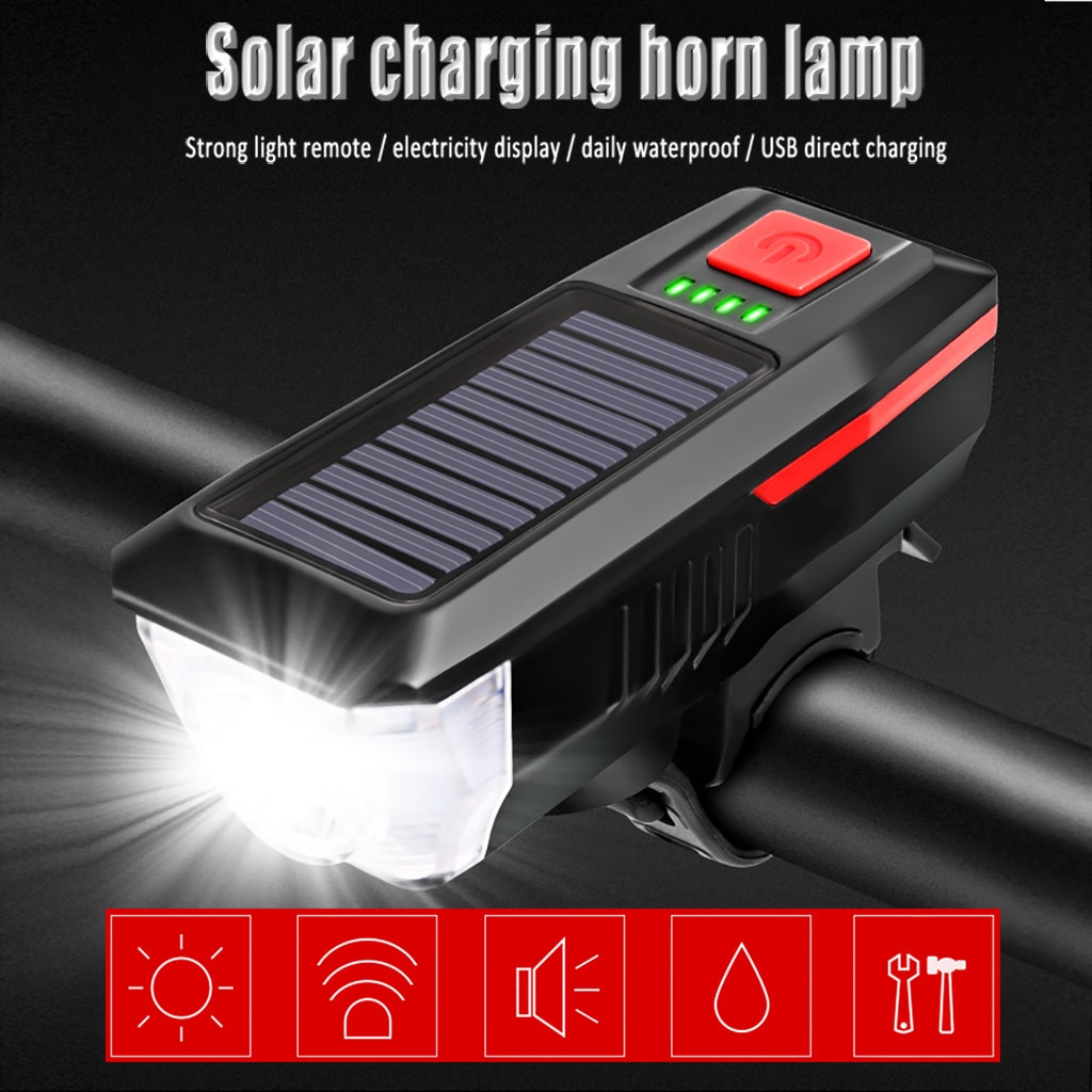 Outdoor Solar Power USB LED Bike Bicycle Front Light Rechargeable Headlight With Horn