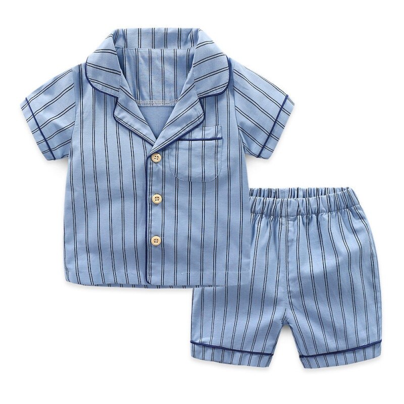 Neue Sommer freundlicher Pyjama Baumwolle Nachtwäsche Gestreiften Baby Pyjama einstellen Mädchen Jungen Unterwäsche freundlicher Anzüge Shirt + kurze Hose 2 stücke: Blau / 4T