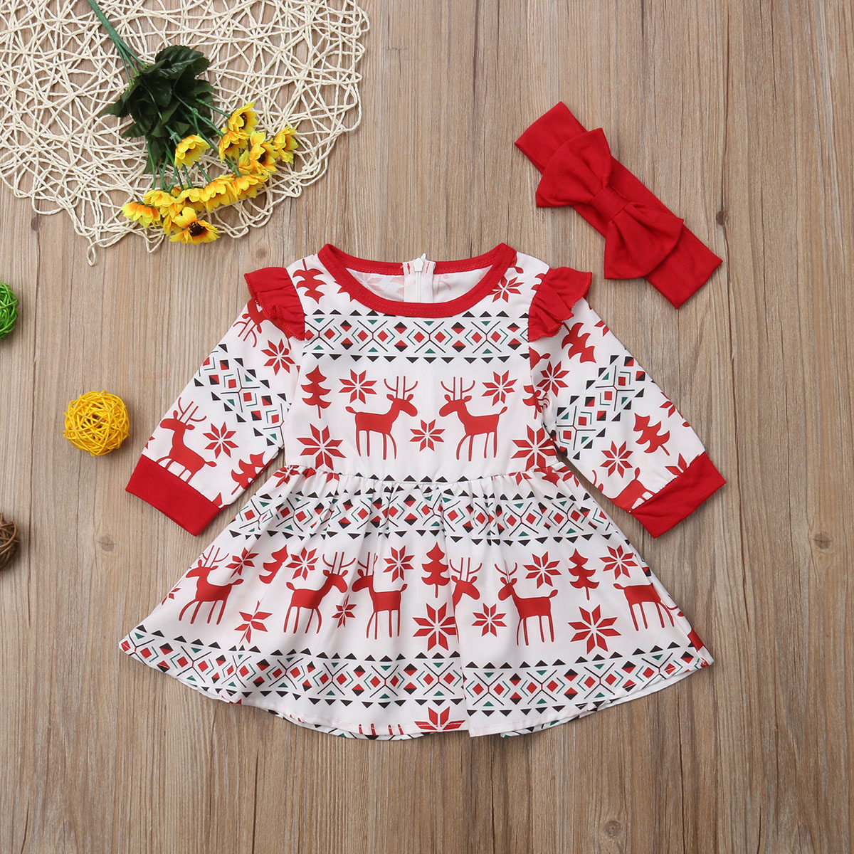Pudcoco Baby Flicka Julklänning Prinsessa Set 2ST Volang Långärmad Tecknad Rådjur Tomte Klänning+Hårband