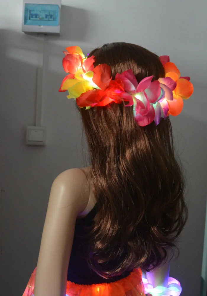 Women Girl Glow Party LED Hawaiian Lei Headband Light Up Flower Ribbon Crown Birthday Wedding Festival: Burgundy
