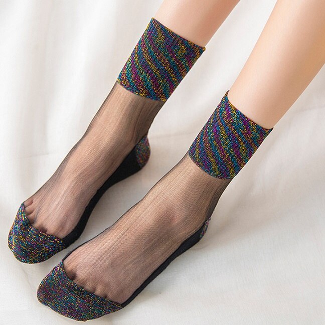 Kvinnor sommar glitter siden tunna strumpor dam spets mesh glänsande elastiska strumpor patchwork färger kristall genomskinliga vriststrumpor 8 färger: Grå