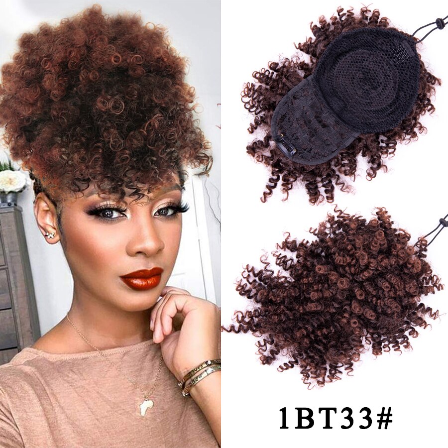Leeons Kinky Curly Hair Bangs High Puff Ponytail Synthetic Hair Extensions African American Hair Ponytail With Bangs 11 Colors: 1bt33