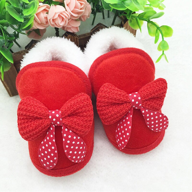 Pudcoco Cute Toddler Kids Baby Girl Shoes Bowknot Warm Fur Soft Sole Crib Boots Shoes Cotton Casual Plush Insole Prewalker 0-18M: Red / 13-18 Months