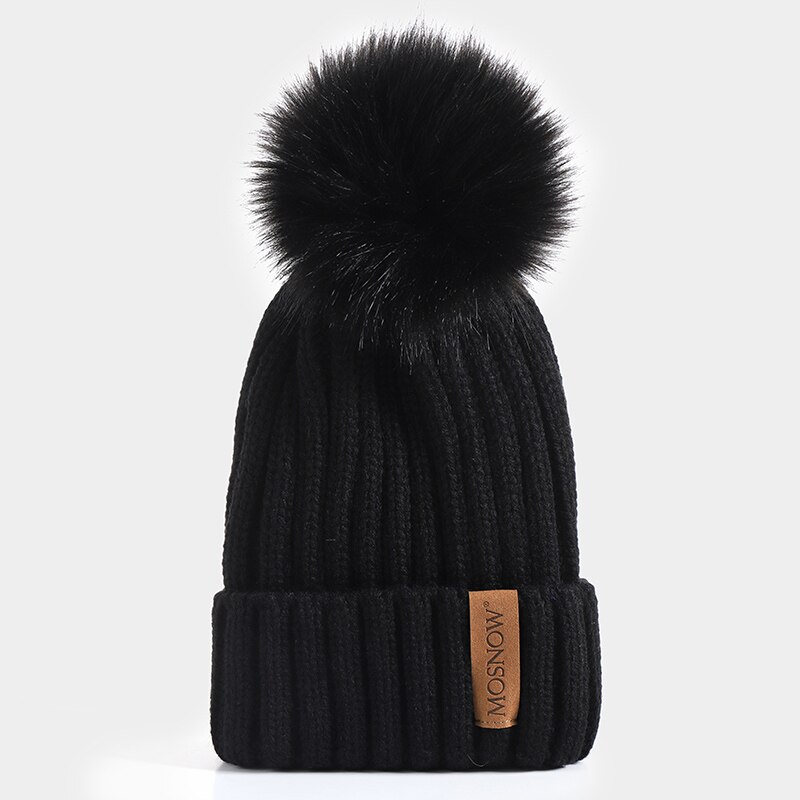 neue Winter frauen Hütte Acryl Bommel Mützen Wärme Ski Kappe Mädchen Hütte Weiblichen Kappe Skullie Künstliche Pompons Hütte: Schwarz