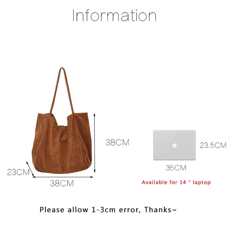 Tjock Manchestertyg Casual Tote Bag - Shopping, Skola, Fest, Strand, Resa - 38x38x23cm