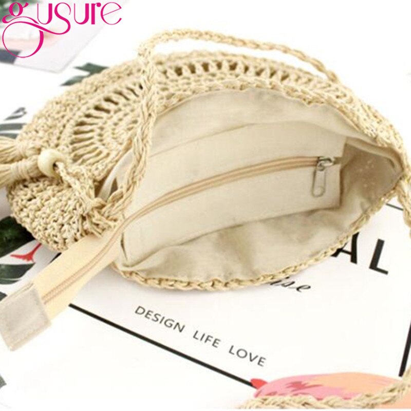 Gusure Rotan Hollow Geweven Ronde Vrouwen Stro Crossbody Tas Gebreide Zomer Strand Kwastje Handtas Vrouwelijke Kleine Schouder Tas