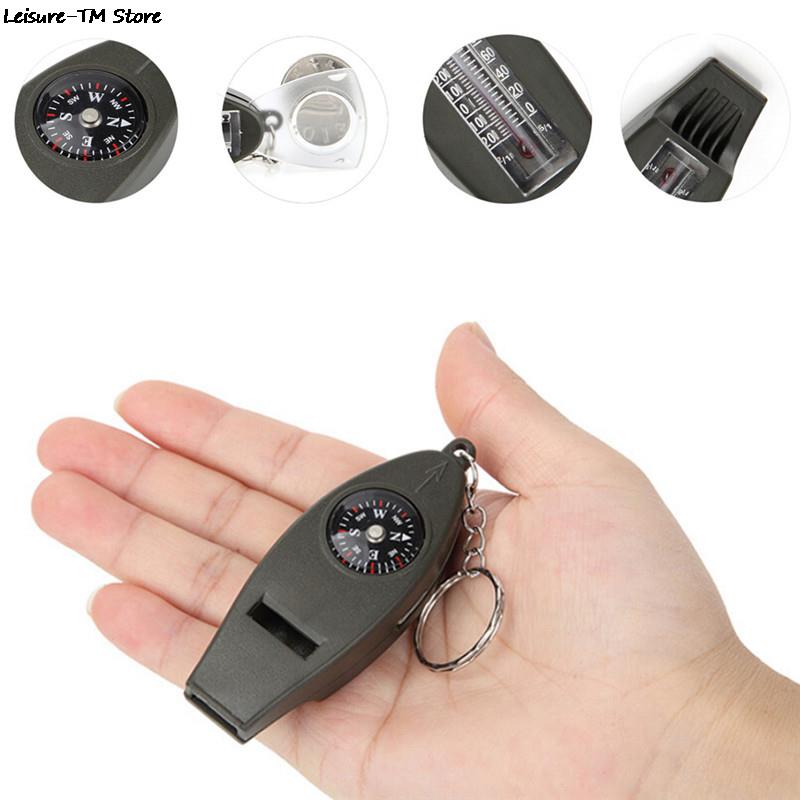 Outdoor 4 In1 Survival Compass Emergency With Keychain Survival Kits OutdoorThermometer Whistle Magnifier Versatile