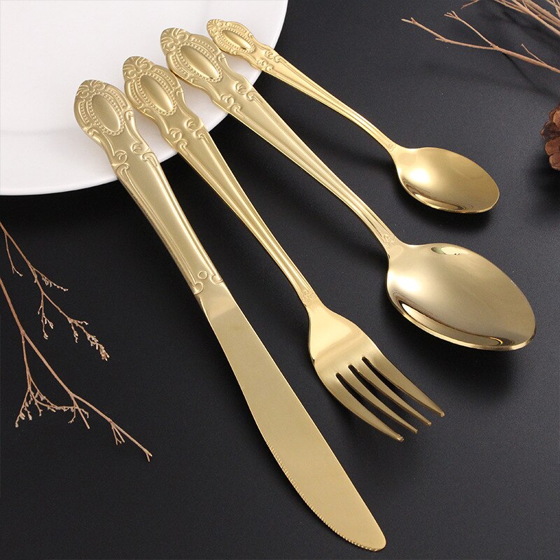 16/20pcs Dinnerware Set Stainless Steel Western Royal Cutlery Silverware Spoon Tea Forks Knives Embossed Handle Dinner Tableware