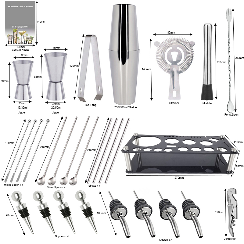 30Pcs/Set Bar Tools Wine Bottle Spoon Jigger Pourer Muddler Stopper Cocktail Shakers Boston Double Shaker With Black Stand