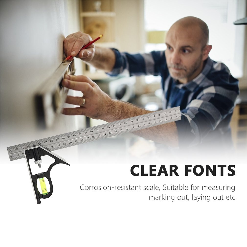 Square Ruler Set Kit 300mm 45/90 Degree Adjustable Engineers Combination Try None Right Angle Ruler with Spirit Level &amp; Scriber
