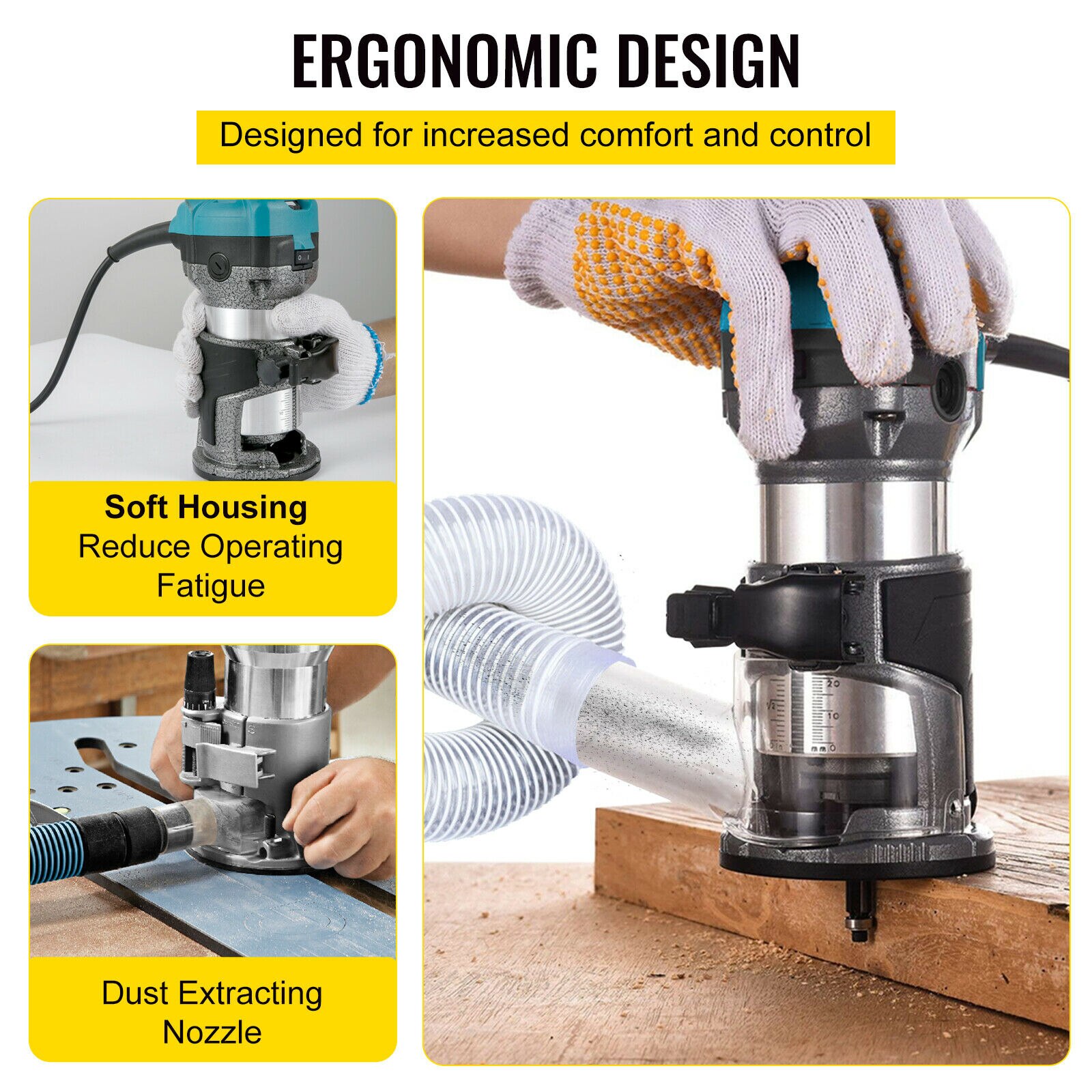 Electric Hand Wood Trimmer Router W/ 3 Collets 710W 33000RPM Power Carpentry Tool for Woodworking Grooving Carving Milling