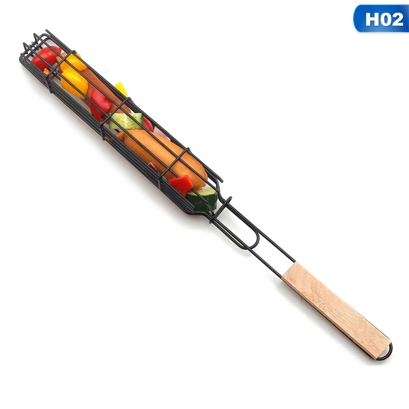 Portable BBQ Grill Basket Handheld Metal Barbecue Tool For sausage Corn sausage With Wood Handle Non-Stick BBQ Holder: H02