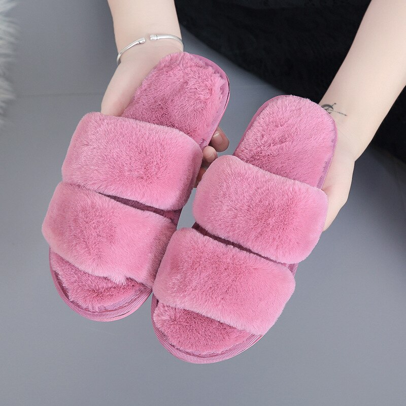 Femmes moelleux hiver pantoufles solide croix en peluche bout ouvert diapositives doux plat femme chaussures fausse fourrure pantoufle maison chaussures: Rose rouge / 36-37