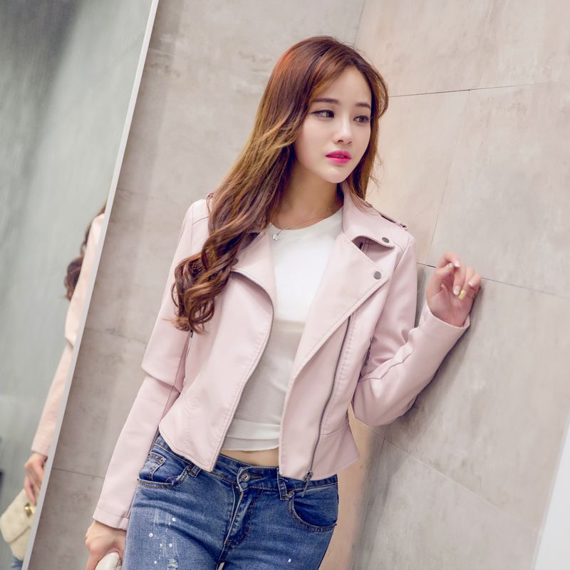 Spring And Autumn Women's Locomotive Sexy Leather Jacket Ladies Leather Jackets: Pink / S