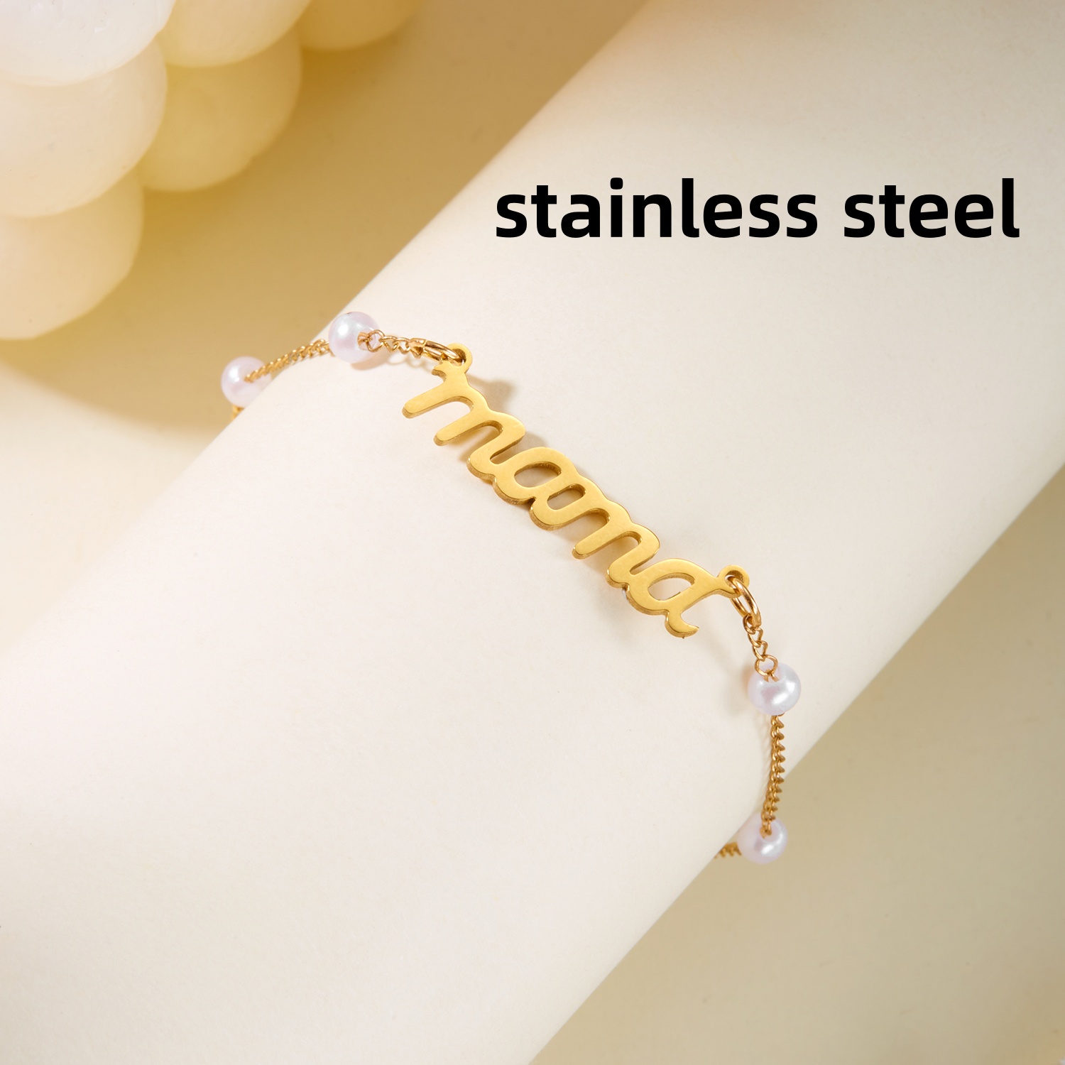 Pulseras con colgante de mamá con letras de perlas de imitación, dijes de , pulsera de cadenas de acero inoxidable para mujer, joyería, para el día de la madre: Color amarillo dorado claro