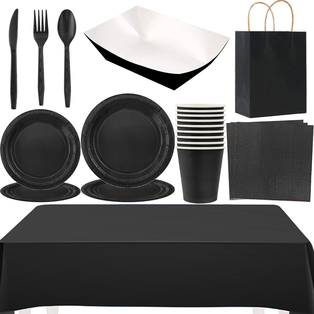 Suministros de negros, juego de vajilla desechable, platos, tazas, servilletas, bolsa, mantel para decoraciones para de cumpleaños y boda