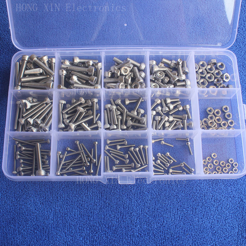 300 st  m2/m3/m4 kapsylgänga rostfritt stål insexskruvmuttrar pcb maskin bult sortiment kit set fästelement hårdvara