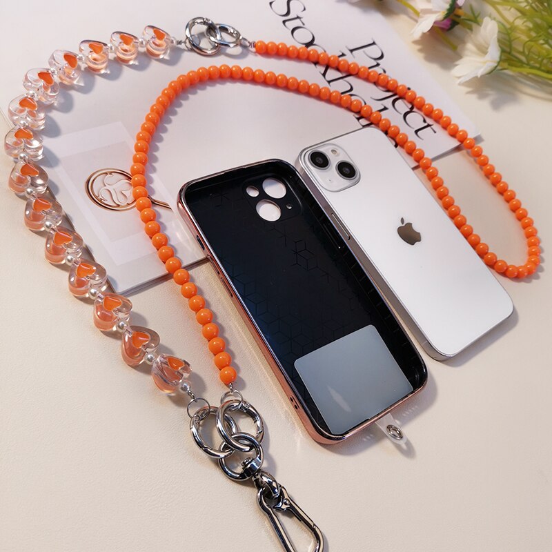 Love Crystal Beads Mobile Phone Lanyard Crossbody Lanyard with Universal Clip Phone Lanyard Chain Strap Wrist Rope Pendant