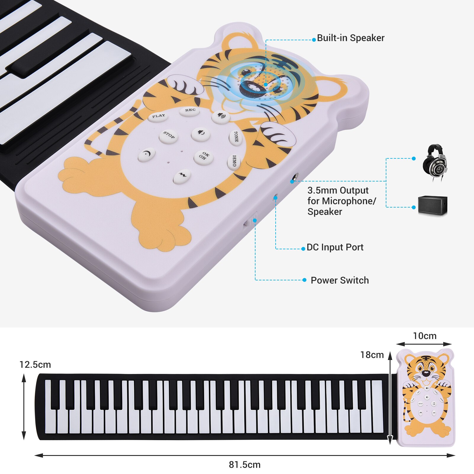 49-key Roll-up Electronic Piano 8 Tones 6 Demos Record Funtion Built-in Speaker with Echo Sustain Trill Effect 3.5mm Output