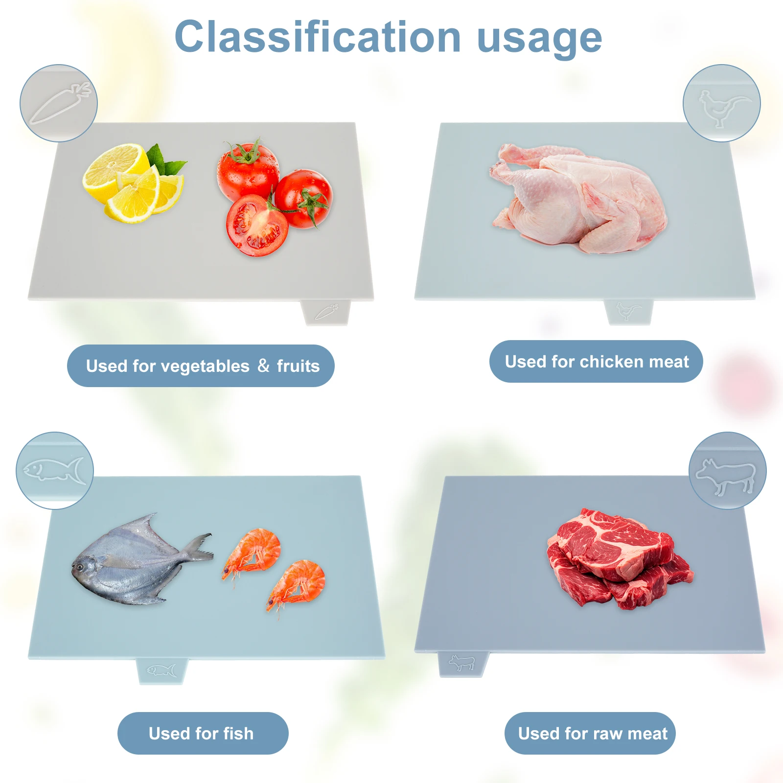 Tabla de cortar de 4 Uds con índice, icono de alimentos codificado por Color, tabla de cortar de plástico, juego de tabla de cortar Reversible, tabla de cortar apilable