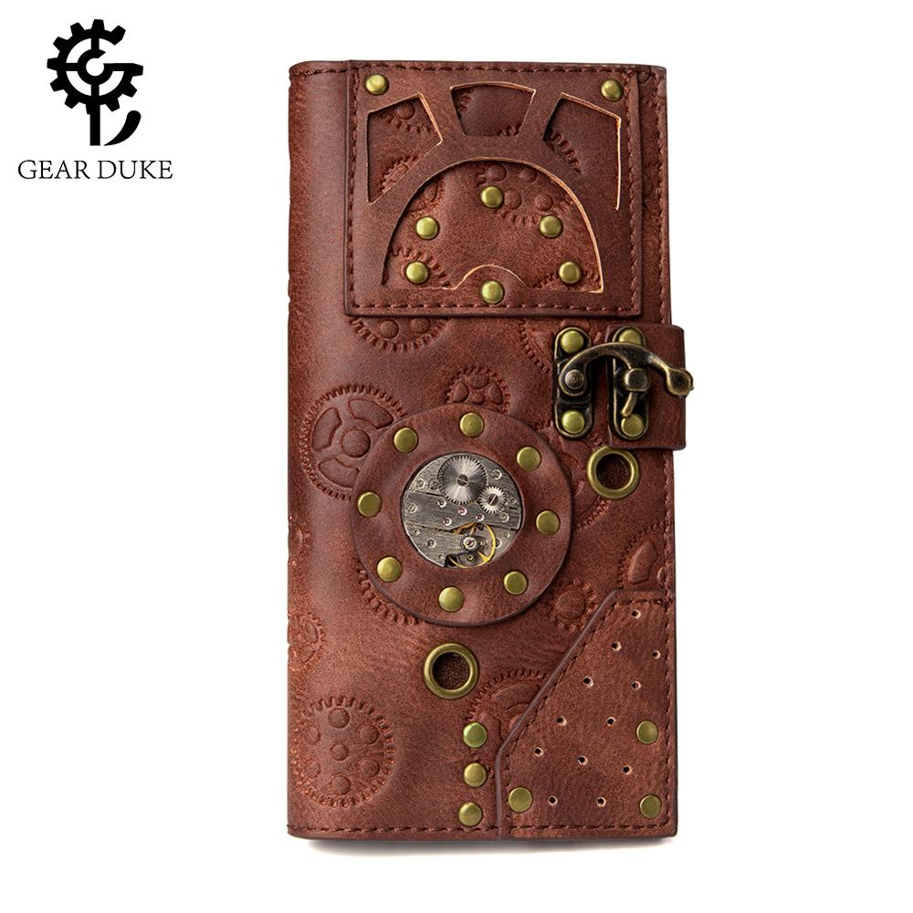 Steampunk dames portemonnee met lange print, versnellingen, leren dames portemonnee met gesp en klinknagel, portemonnee met europese kaarthouder, tas voor mobiele telefoon