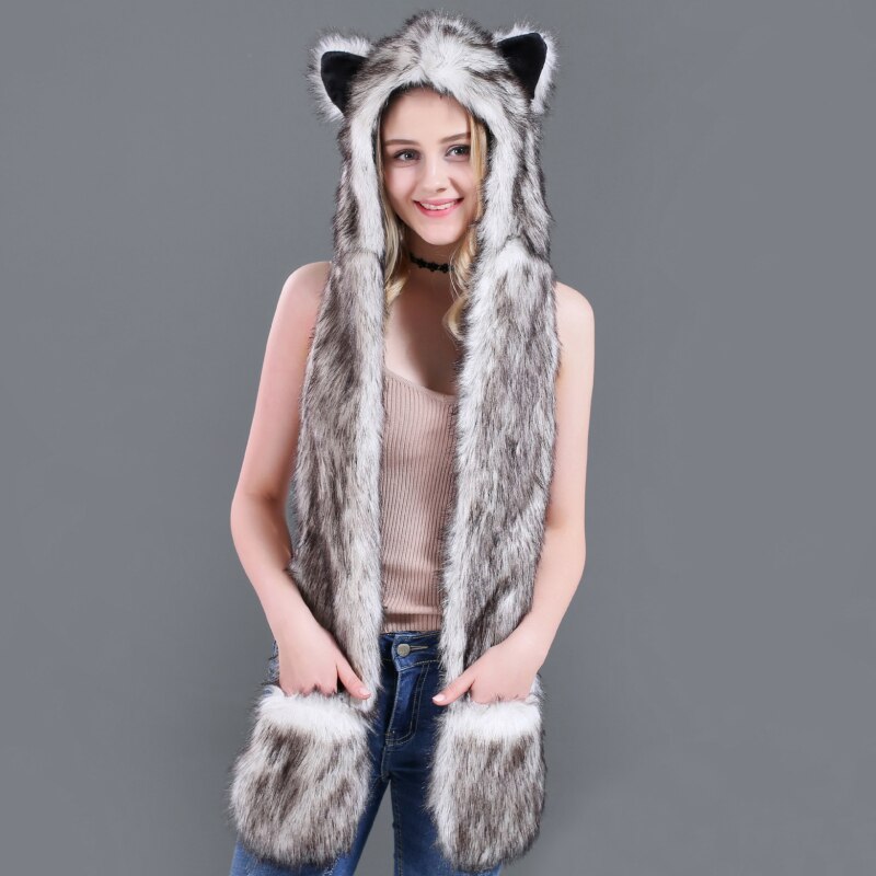 Sh002 pluche imitatiebont mutsen dames heren schattige dieren muts warme winter muts met lange wanten sjaal muts handschoenen set winter oorkleppen muts