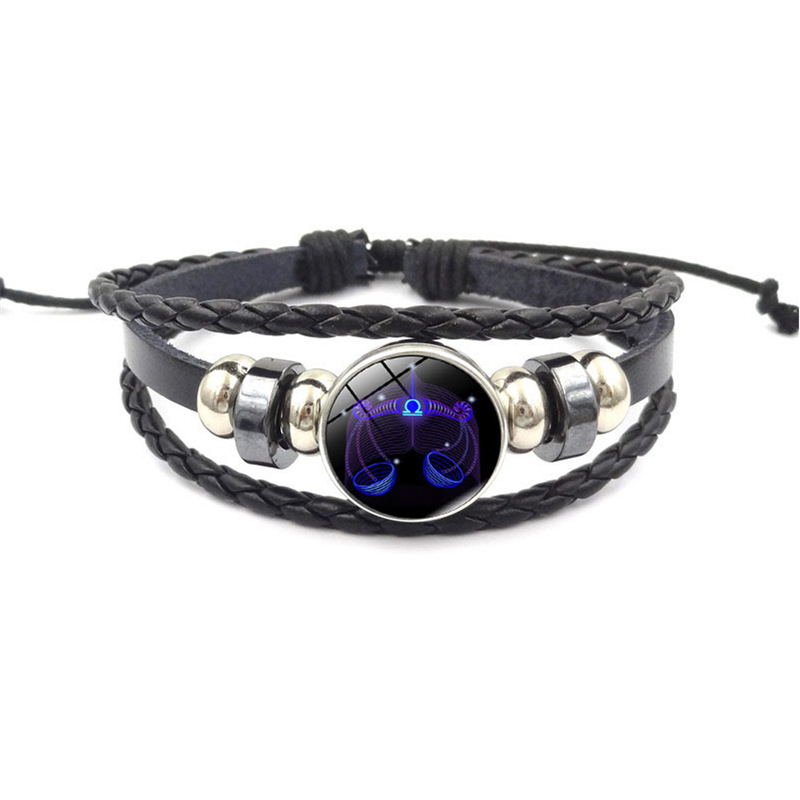 Horóscopo astrología 12 Zodiaco tejido luminoso cuero de vaca cielo estrellado pulsera hombres mujeres Acero inoxidable pulsera joyería: libra