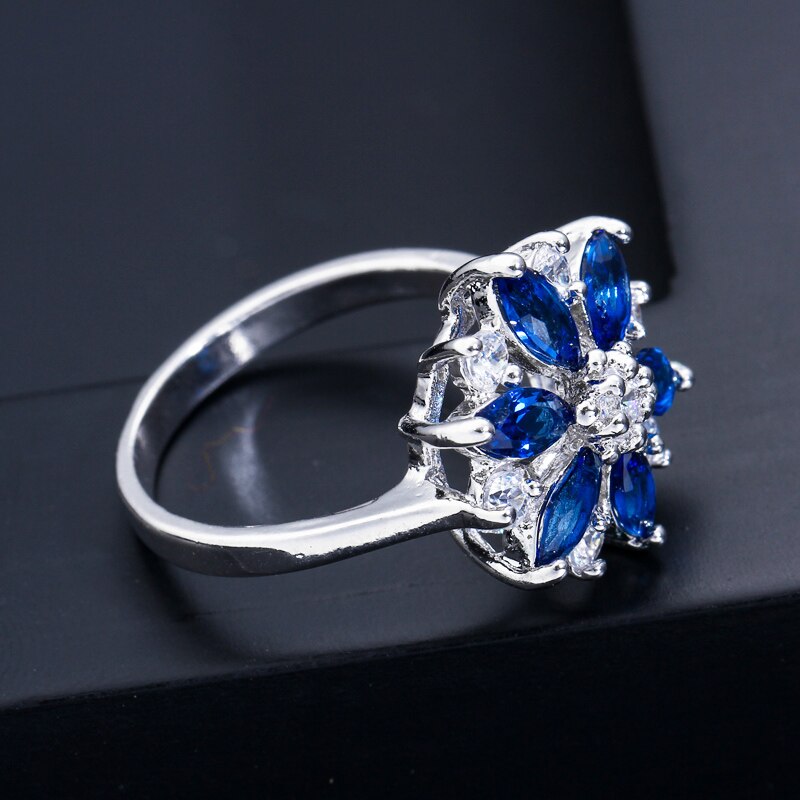 Pera moda feminina dedo jóias royal azul e branco zircônia cúbica grande cristal austríaco girassol anéis para presente feminino r004