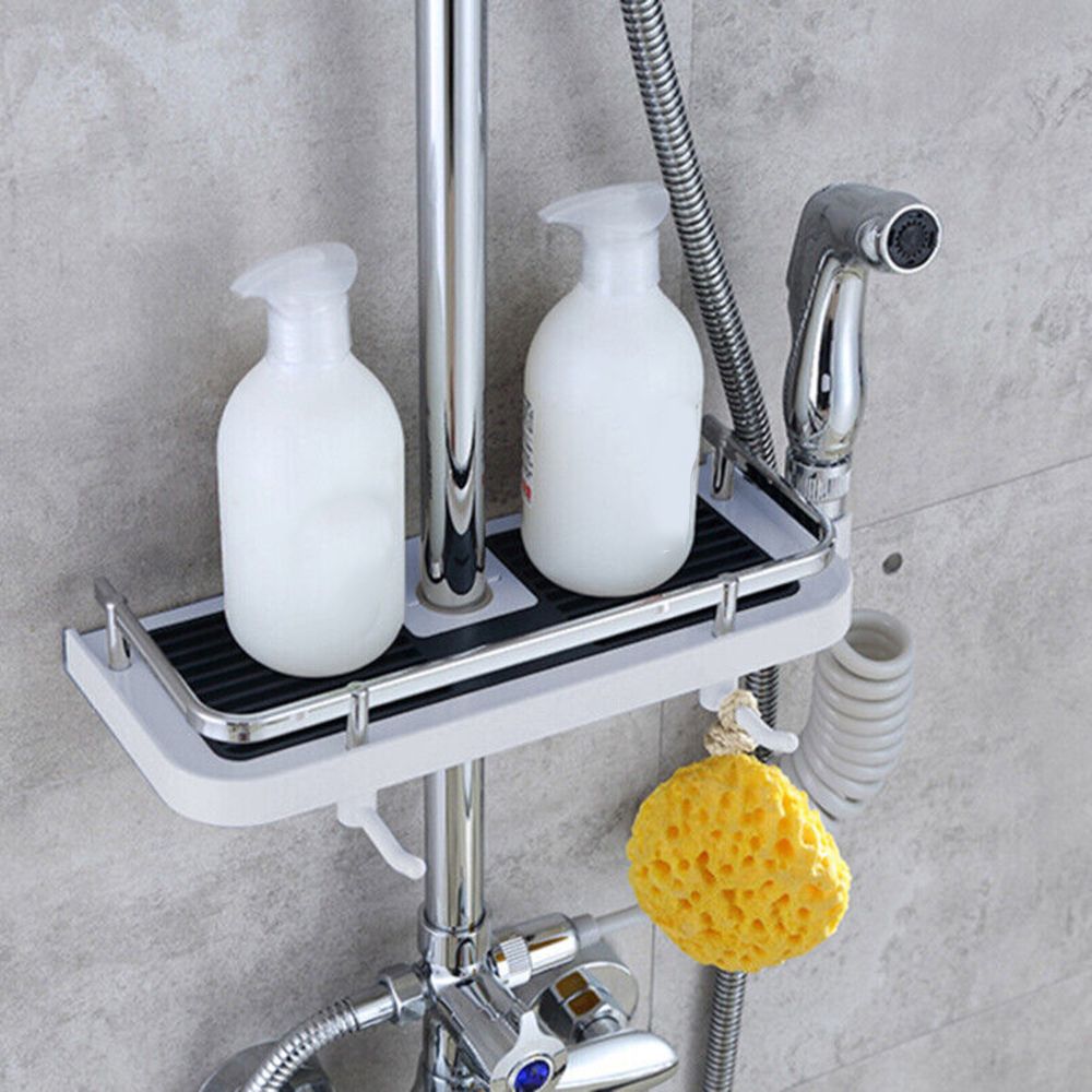 Plastic Shower Rod Rack Bathroom Lift Rod Bracket Shower Storage Hanging Basket Shampoo Soap Tray Punch-free Bathroom Shelf