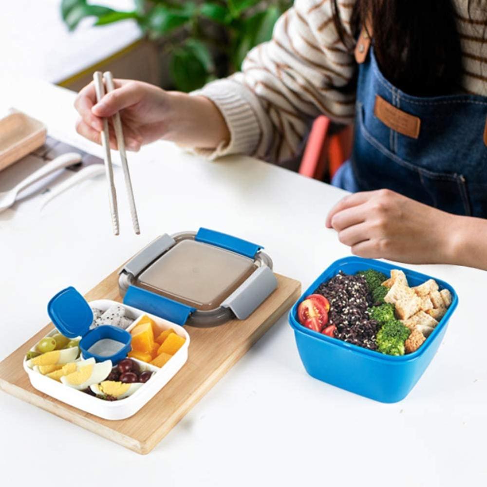 Salade Lunch Container Met Slakom En Vork 3-Compartiment Lunchbox Voor Salade Toppings Snacks Magnetron Veilig