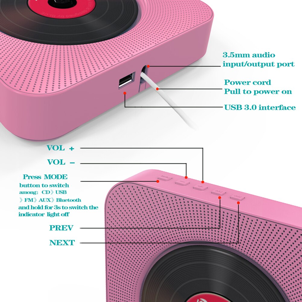 Reproductor de CD montado en la pared, Radio FM, Bluetooth, USB, reproductor de música portátil, Control remoto, altavoz estéreo para el hogar