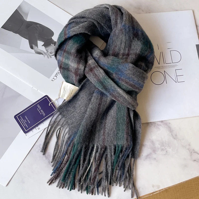 Ullskjerf for menn vinter dypblå rutete ullhalsvarmer luksus for kjæreste, pappa og eldre: Lysebrun