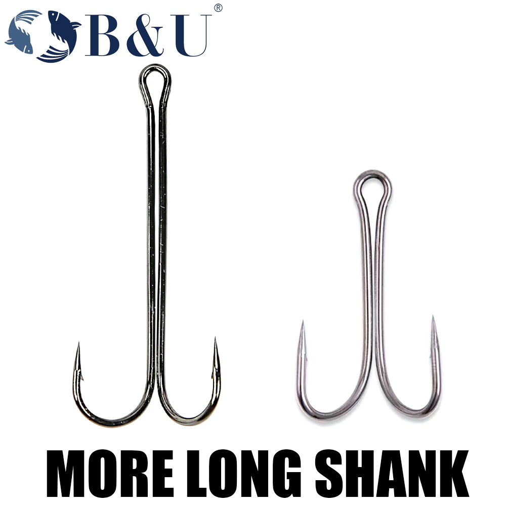 Anzuelos de pesca B & U, anzuelo doble súper largo, aparejos de pesca largos de acero rico en carbono, diferentes tamaños equipados con señuelo suave