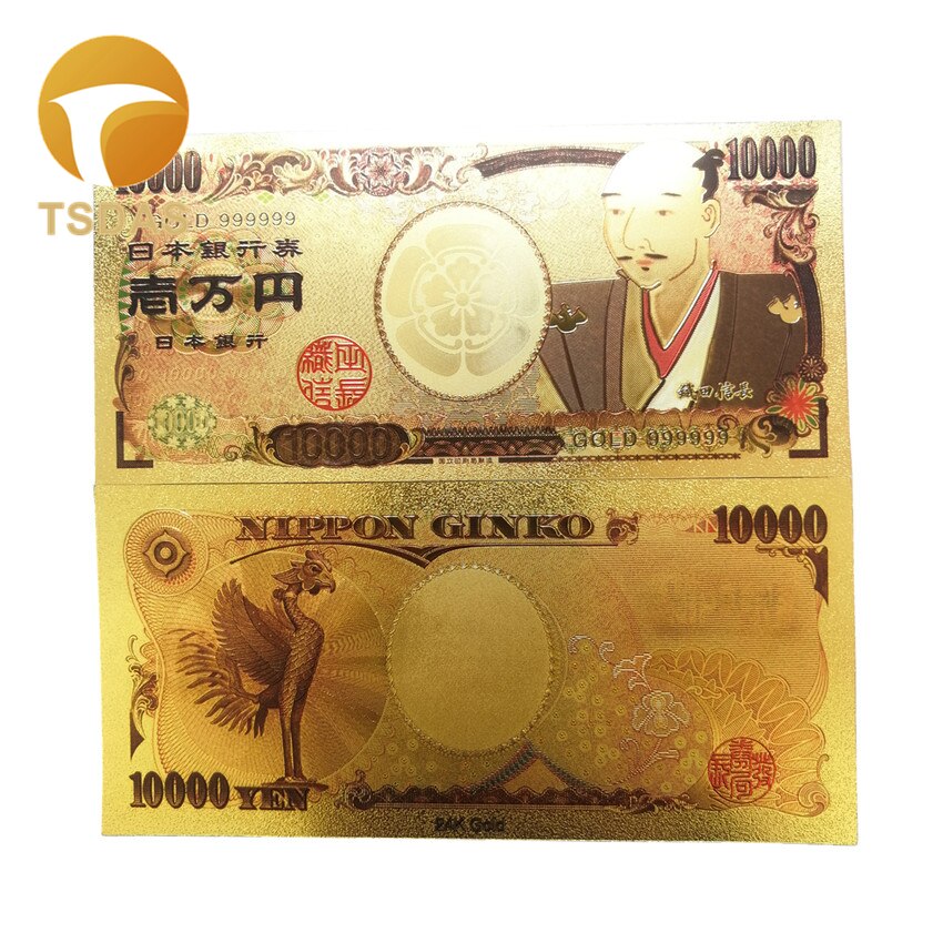 24k Gold Plated Banknote Japan 10000 Yen Gold Foil Note Fancy Collectable Banknotes Value 10pcs/lot