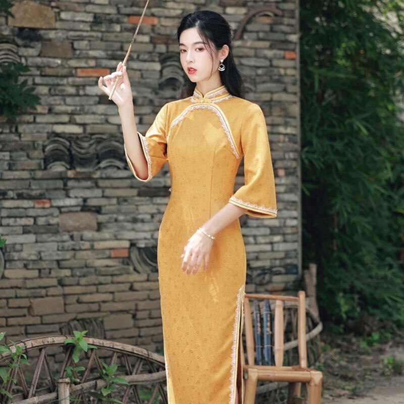 Yellow Modern Slim Qipao Traditional Robe Orientale Chinese Dress Women Ethnic Style Vintage Autumn Simple Cheongsam: S