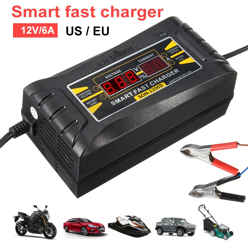 LCD Display Full Automatic Car Battery Charger EU/US Fast Charging 12V 6A Smart Lead acid Battery Car Motorcycle Battery Charger