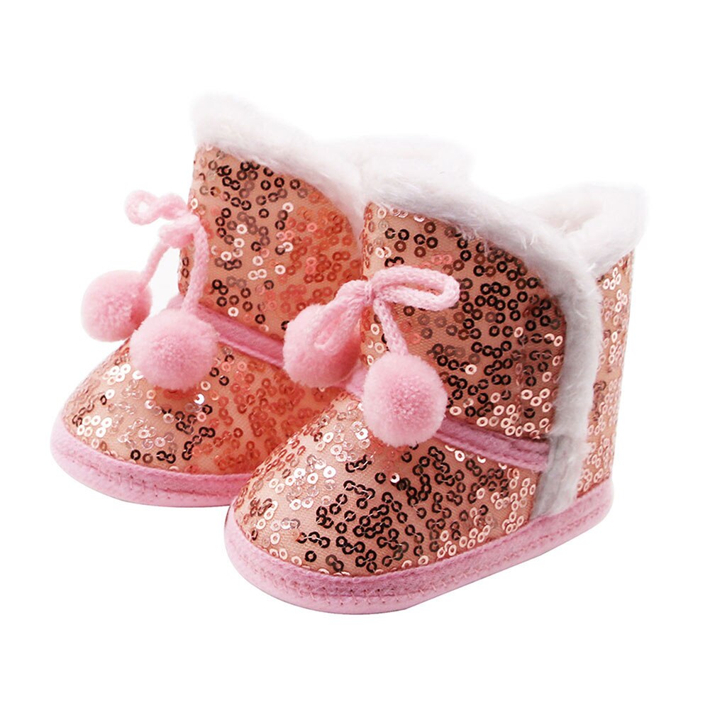 pudcoco Baby Girls Sequin Snow Boots Non-Slip Soft Sole Winter Warm Fur Lined Shoes Ankle Booties with Lace up Pom 0-12 Months: Pink / 12