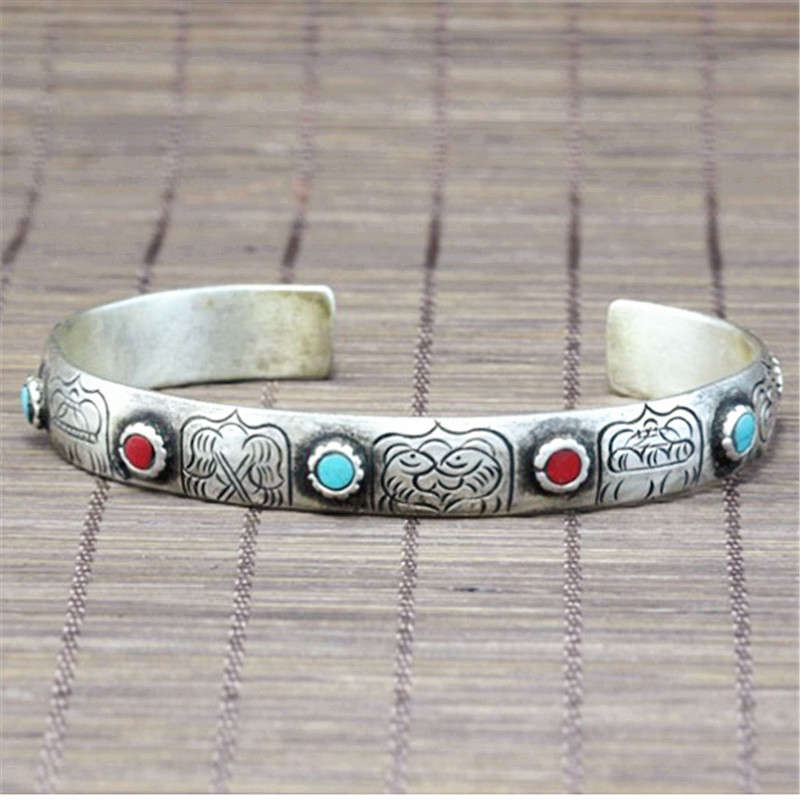 BB-191 Tibetan White Metal Copper Open Cuff Bangle Tibet Babao Eight Auspicious Amulet Bangles