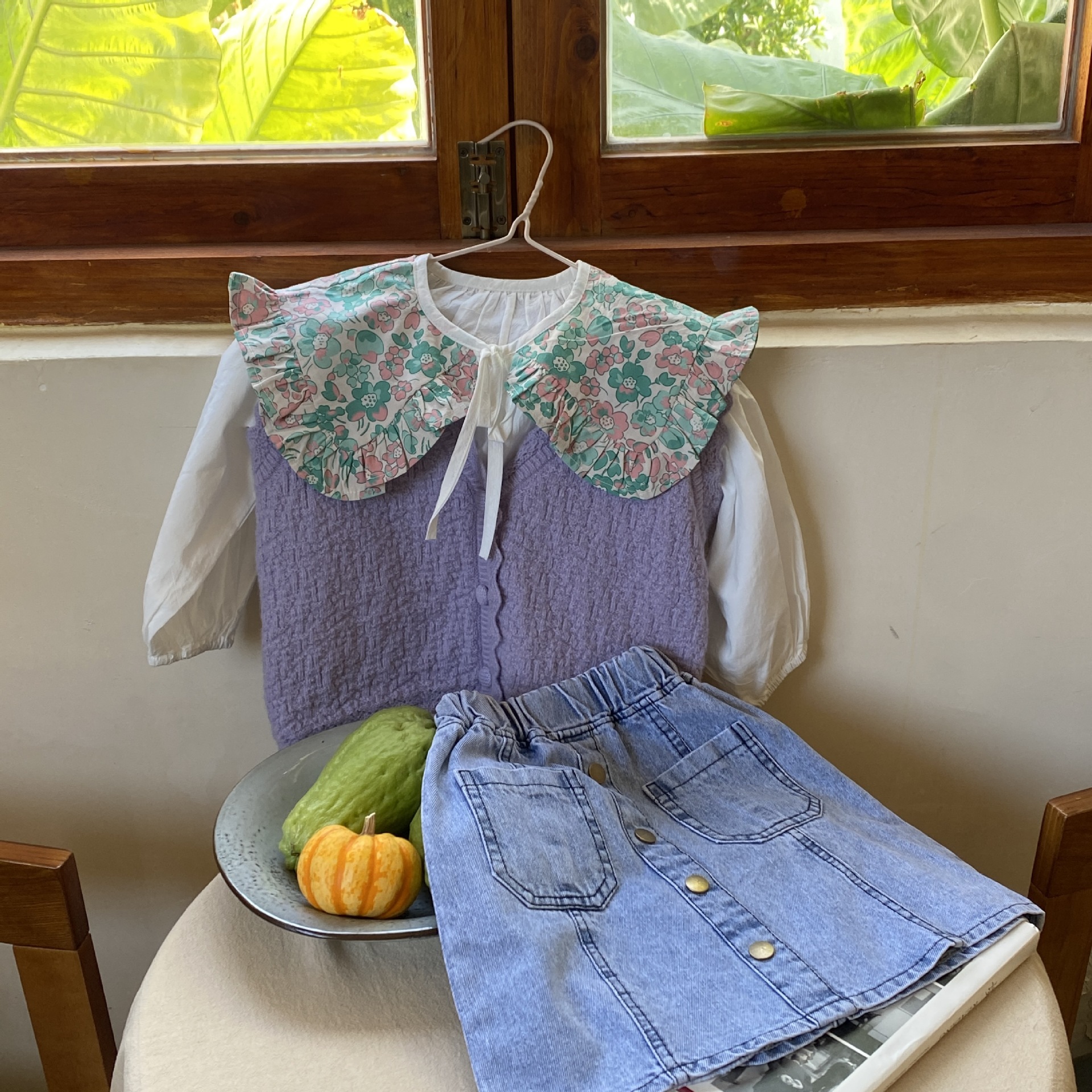 2022 Lente Koreaanse Kinderkleding Koreaanse Stijl Groen Bloemen Grote Revers Meisjes Shirt