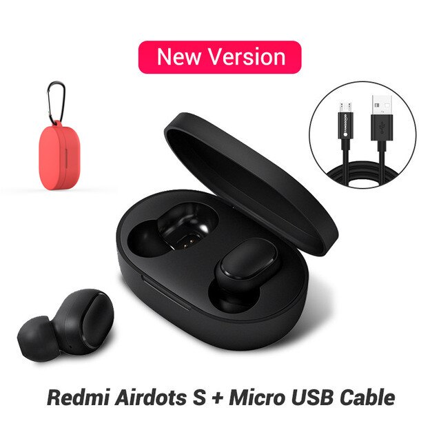 Redmi Xiaomi Airdots TWS Bluetooth Earphones Wireless 5.0 Bluetooth Earphone AI Control Gaming Headset With Mic Noise reduction: With Red case Cable