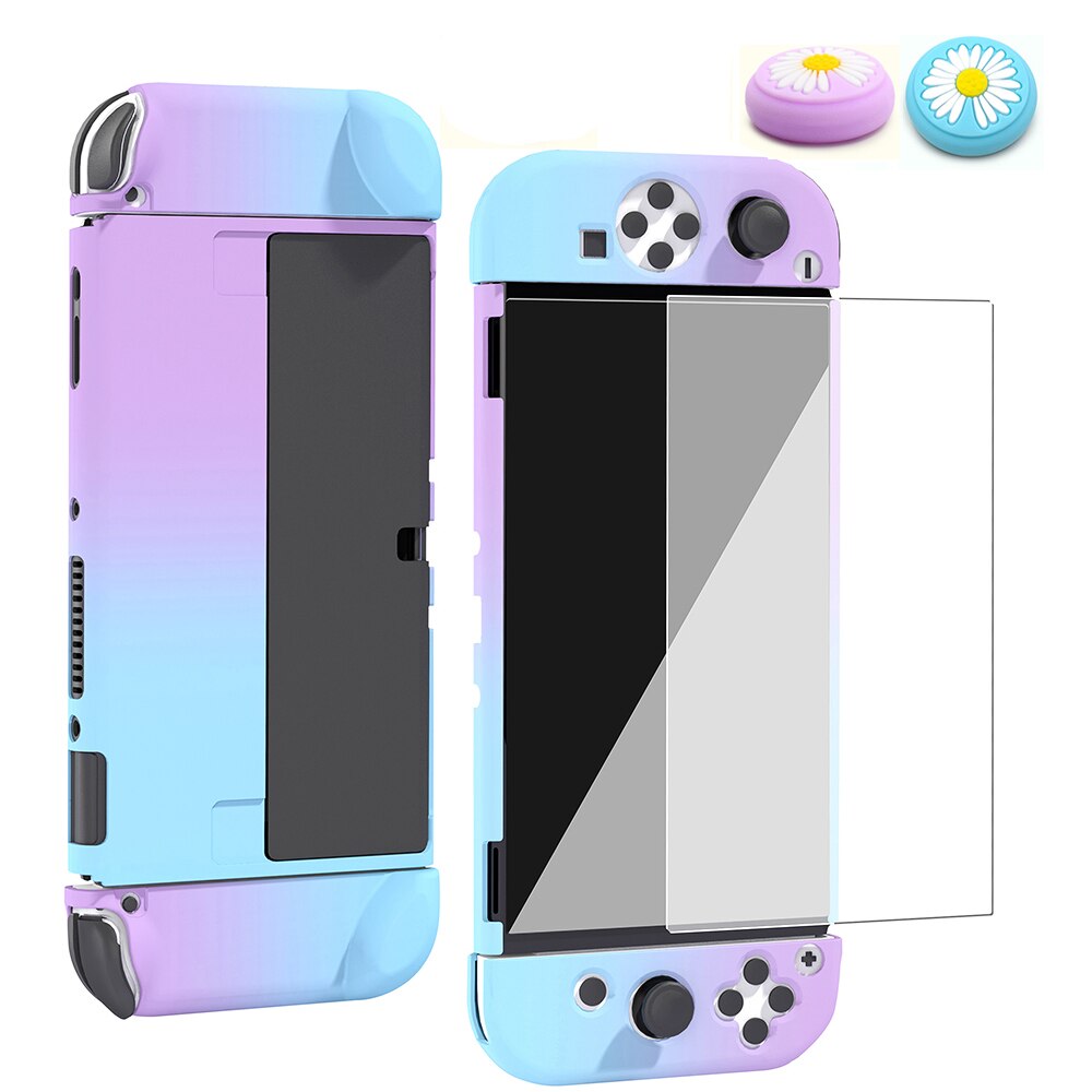 Hard Shell Micro-Frosted Cover Case Voor Schakelaar Oled &amp; Joycon Controller Game Accessoires 4 Thumb Grip Cap En screen Protector: Blauw