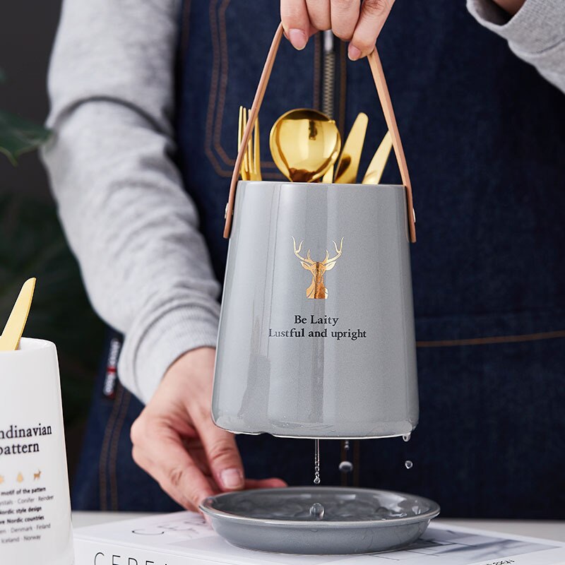 Ceramic Kitchen Cutlery Storage Tube with Drainer and Handle Gadget Tools Organizer Box Accessories Utensil Conatiner Holder Jar